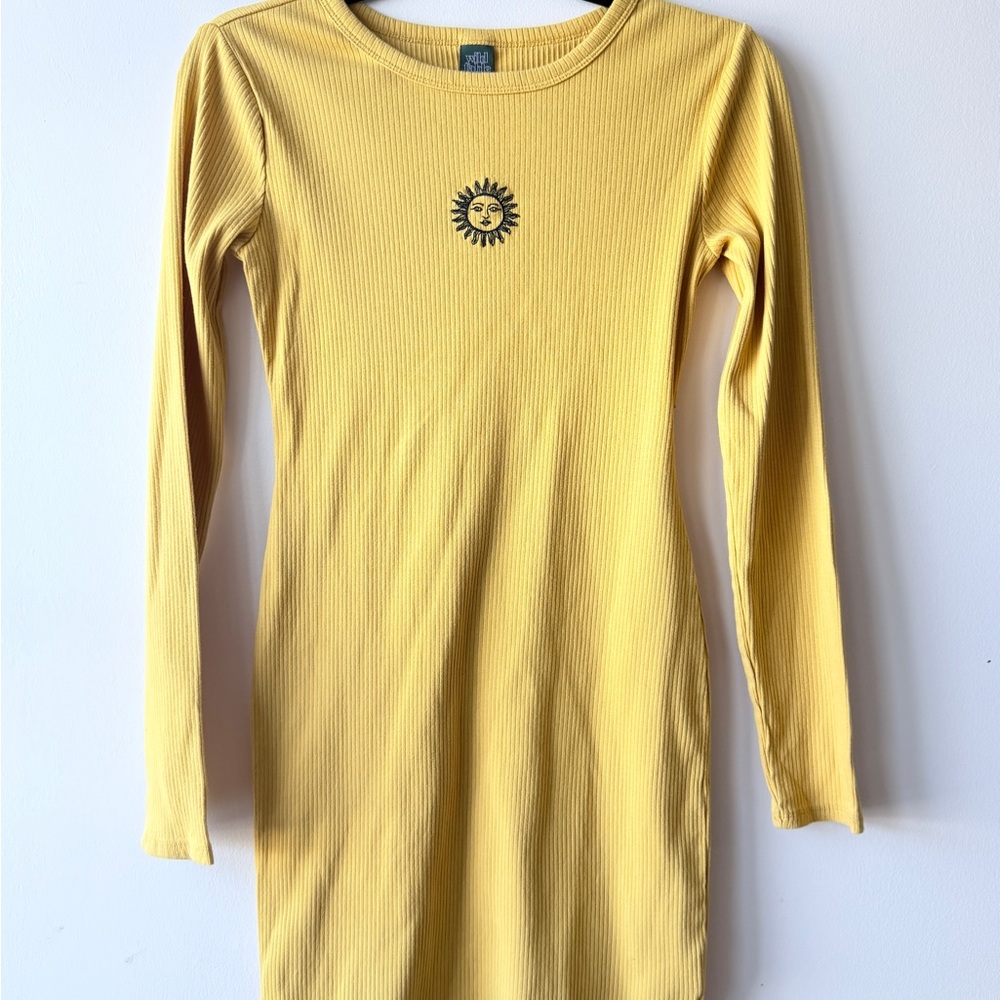 wild fable Yellow Ribbed Long Sleeve Midi Dress with Sun Embroidery